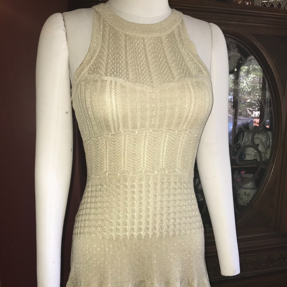 XOXO Sexy Gold Shimmery Sleeveless Halter Party Mini Knit Dress